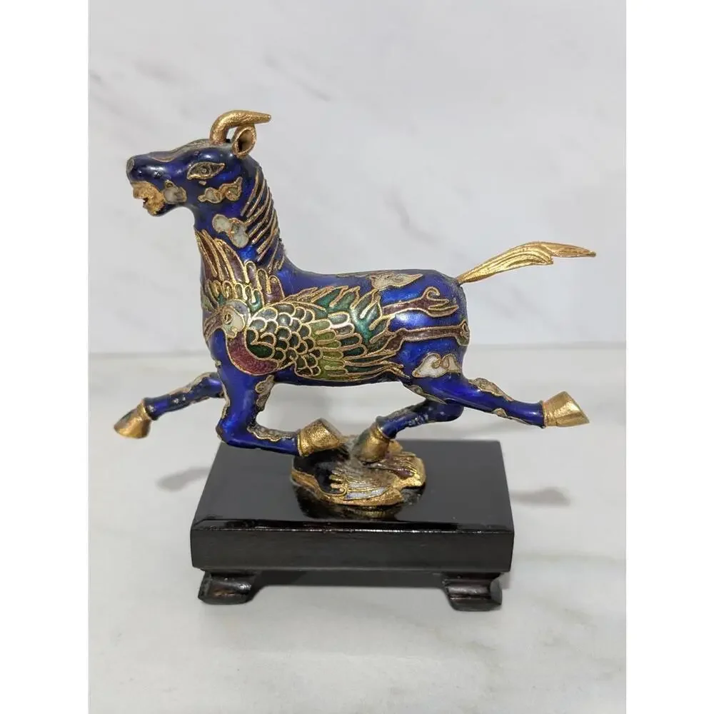 Decorative Cloisonné Horse Miniature Figurine on Black Enamel Wooden Base